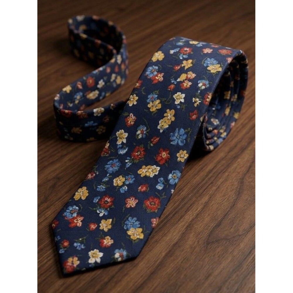 Faconnable Mens 100% Silk Tie Navy Blue Floral Pattern Handmade in France